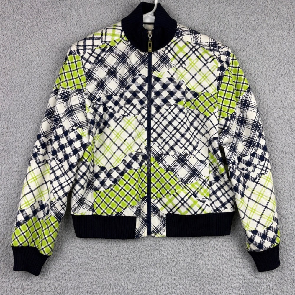 St John Sport Jacket Womens P White Navy Argyle Patchwork Bomber Preppy Dog Show